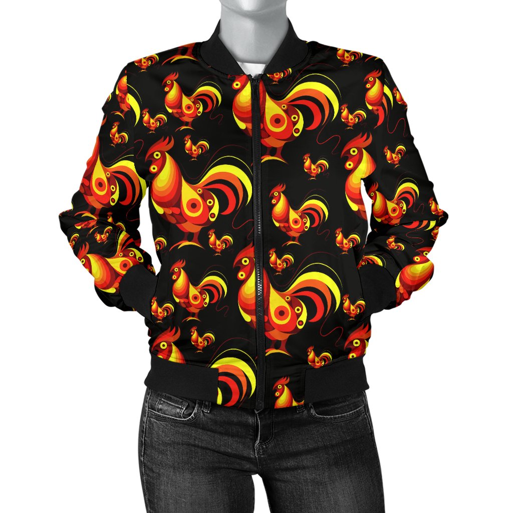 Rooster Print Themed Women Casual Bomber Jacket