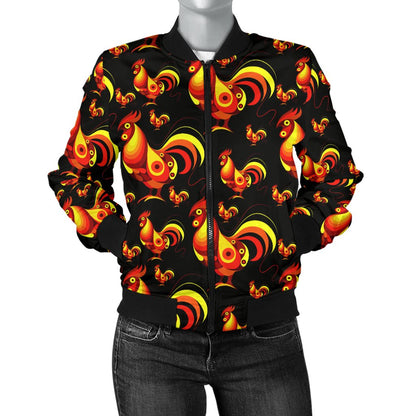Rooster Print Themed Women Casual Bomber Jacket