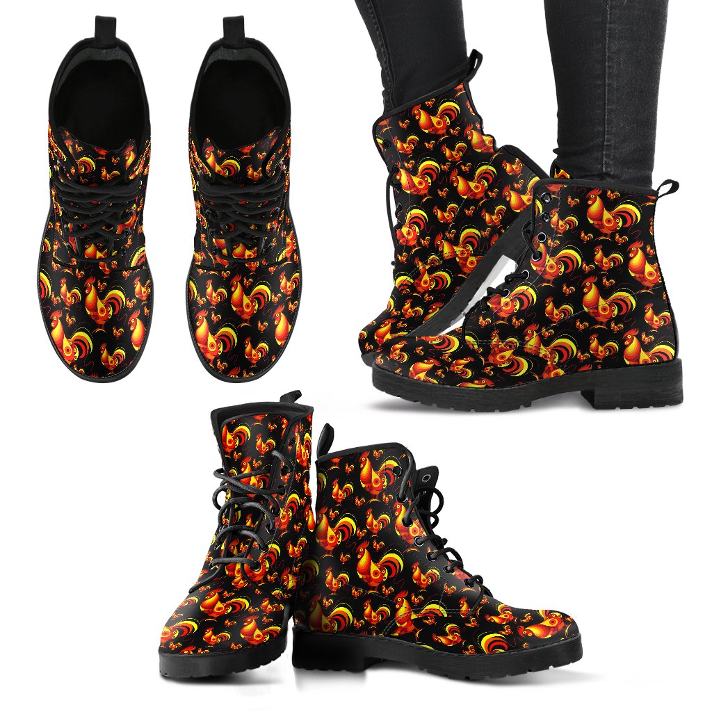 Rooster Print Themed Women Leather Boots-JTAMIGO.COM