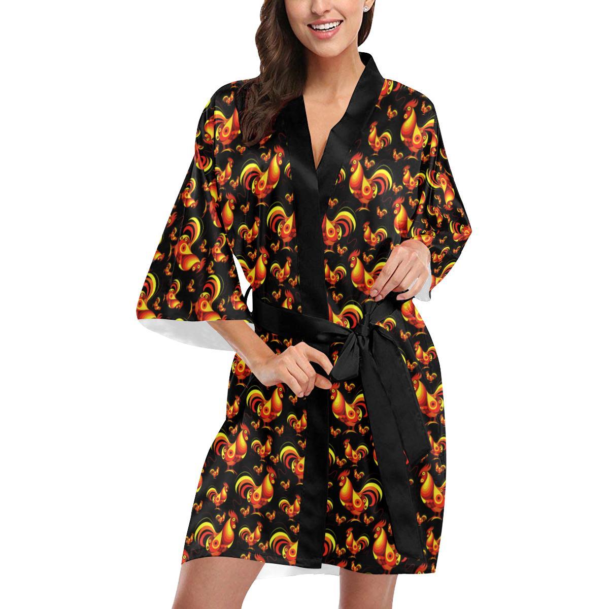 Rooster Print Themed Women Short Kimono Robe