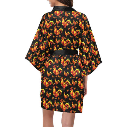 Rooster Print Themed Women Short Kimono Robe