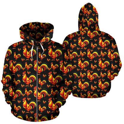 Rooster Print Themed Zip Up Hoodie