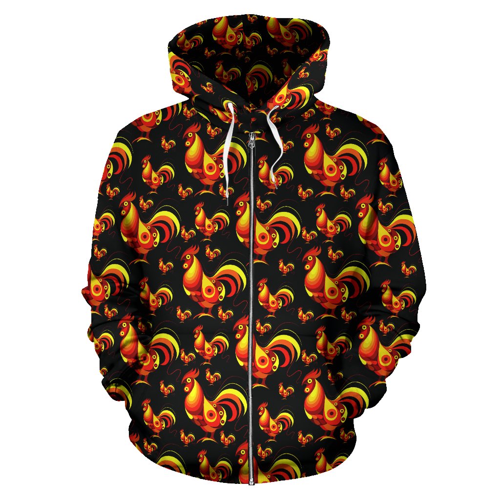 Rooster Print Themed Zip Up Hoodie