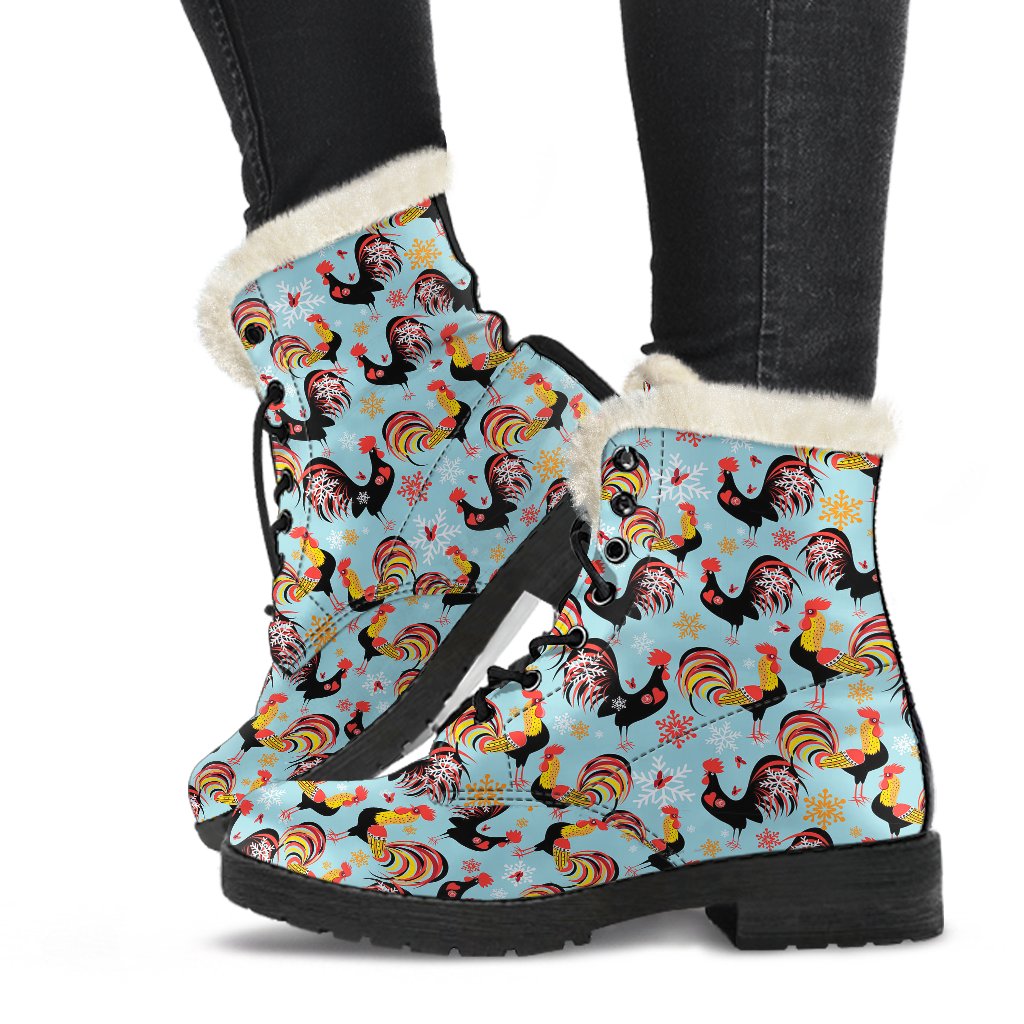 Rooster Themed Design Faux Fur Leather Boots-JTAMIGO.COM