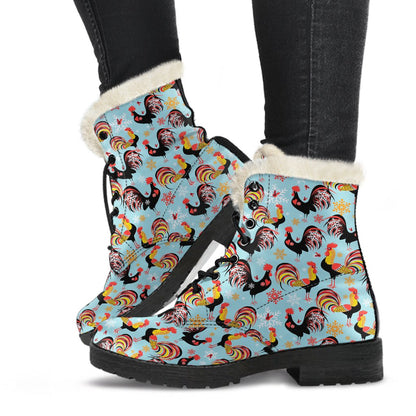 Rooster Themed Design Faux Fur Leather Boots-JTAMIGO.COM