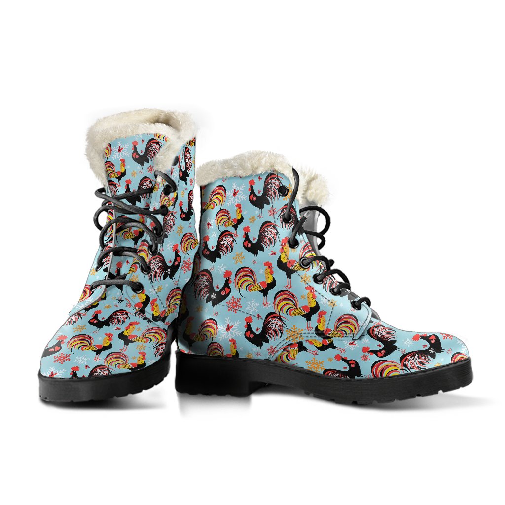 Rooster Themed Design Faux Fur Leather Boots-JTAMIGO.COM