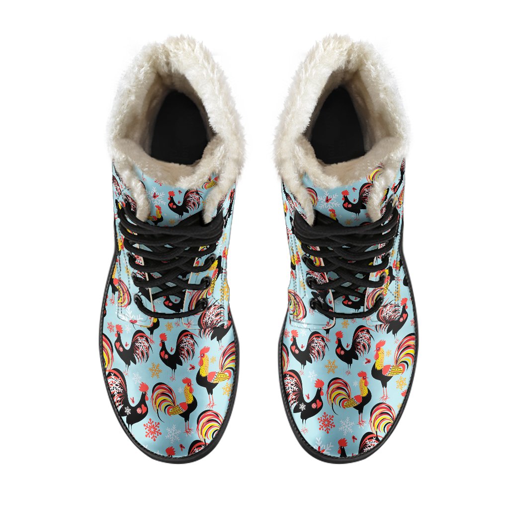 Rooster Themed Design Faux Fur Leather Boots-JTAMIGO.COM