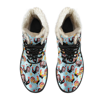 Rooster Themed Design Faux Fur Leather Boots-JTAMIGO.COM
