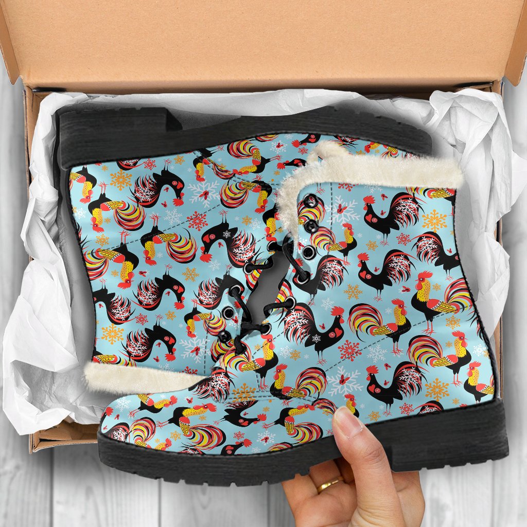 Rooster Themed Design Faux Fur Leather Boots-JTAMIGO.COM