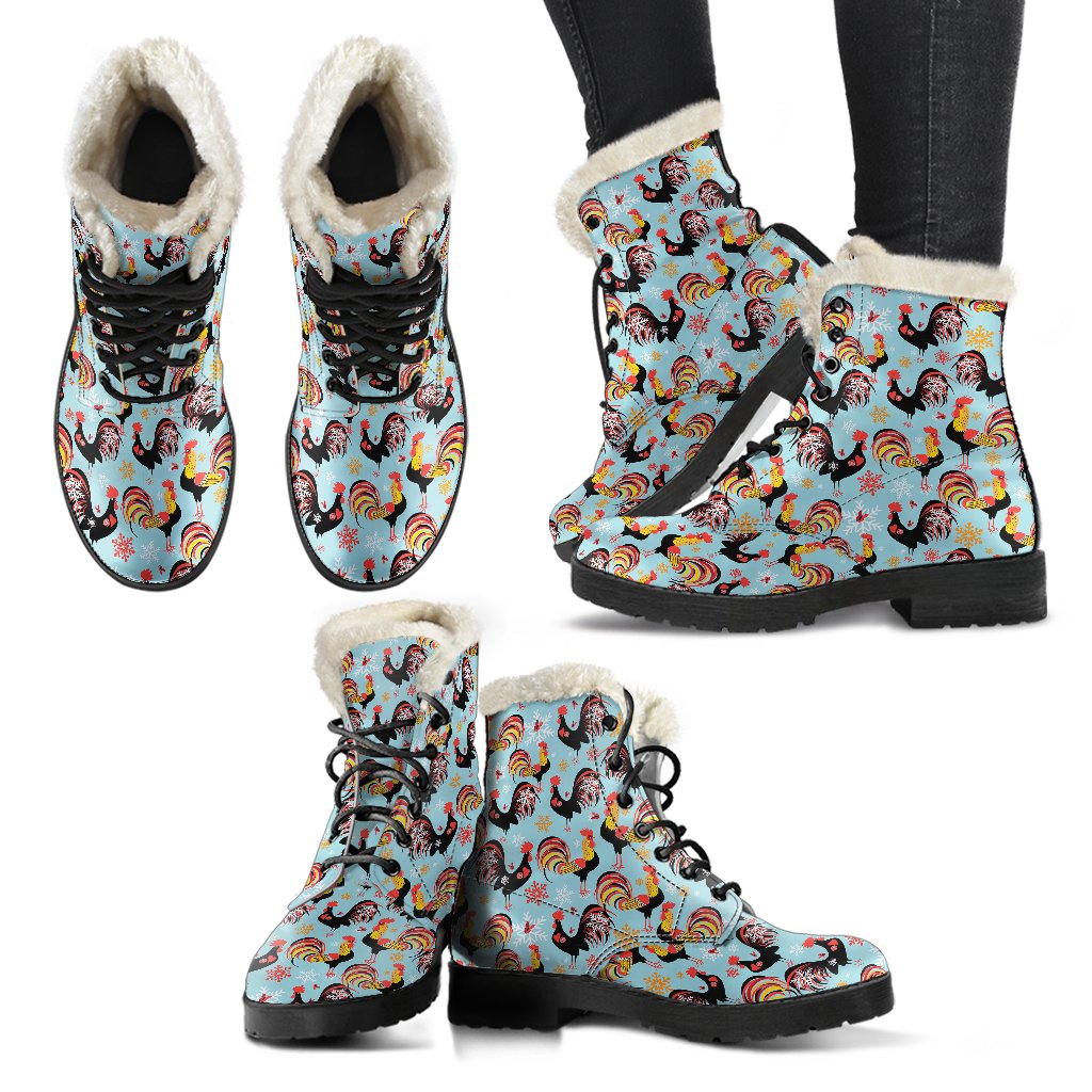 Rooster Themed Design Faux Fur Leather Boots-JTAMIGO.COM