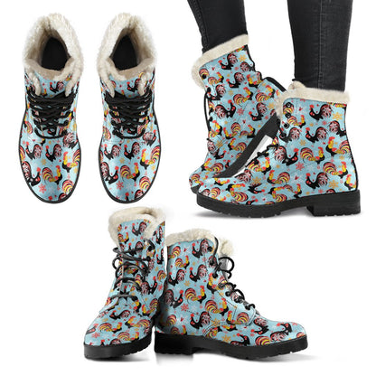 Rooster Themed Design Faux Fur Leather Boots-JTAMIGO.COM