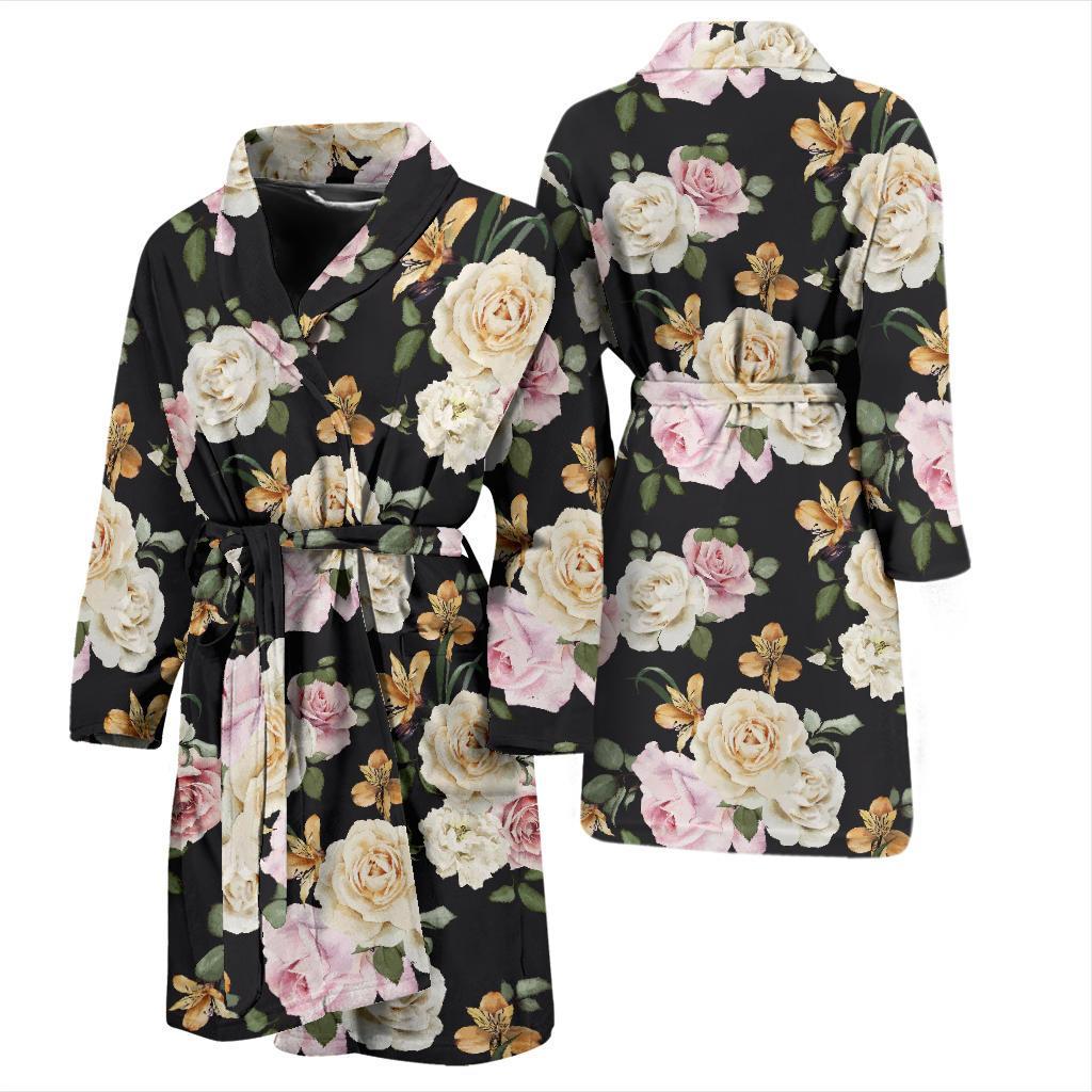 Rose Pattern Print Design A01 Men Bathrobe-JORJUNE.COM