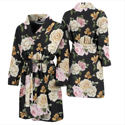 Rose Pattern Print Design A01 Men Bathrobe-JORJUNE.COM