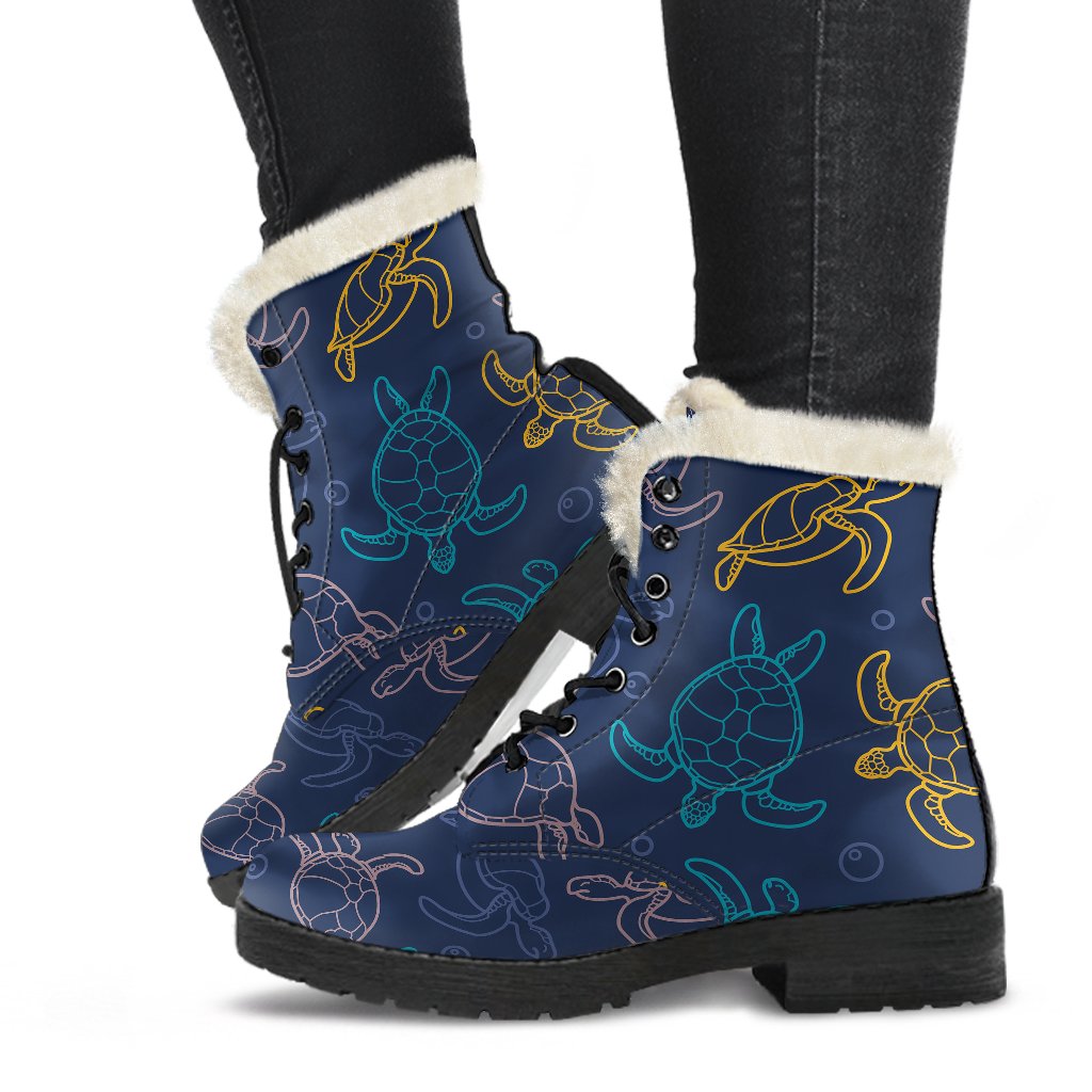 Sea Turtle Baby Print Faux Fur Leather Boots-JTAMIGO.COM