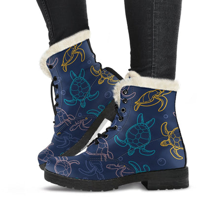 Sea Turtle Baby Print Faux Fur Leather Boots-JTAMIGO.COM