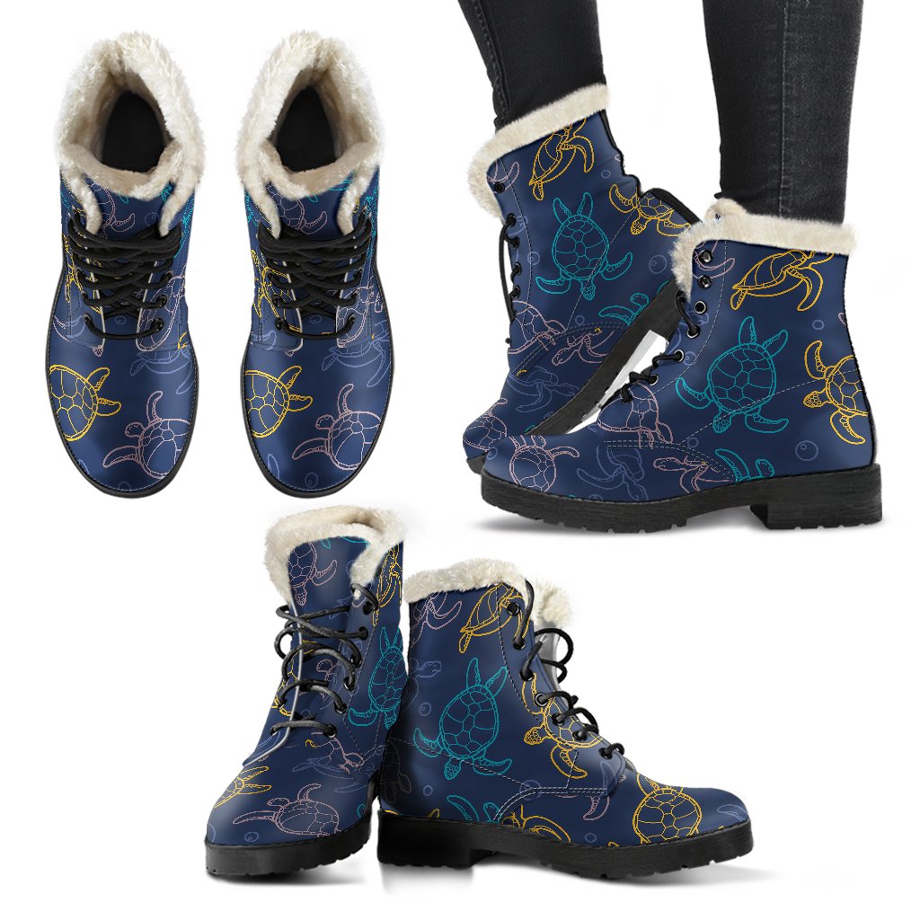 Sea Turtle Baby Print Faux Fur Leather Boots-JTAMIGO.COM