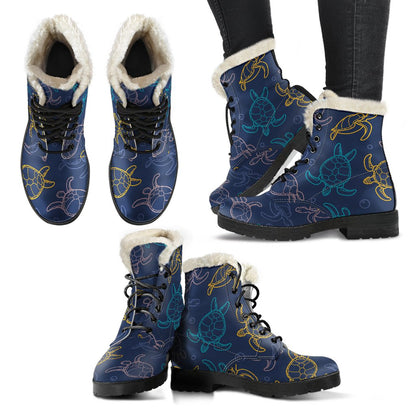 Sea Turtle Baby Print Faux Fur Leather Boots-JTAMIGO.COM