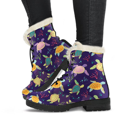 Sea Turtle Color Smile Faux Fur Leather Boots-JTAMIGO.COM