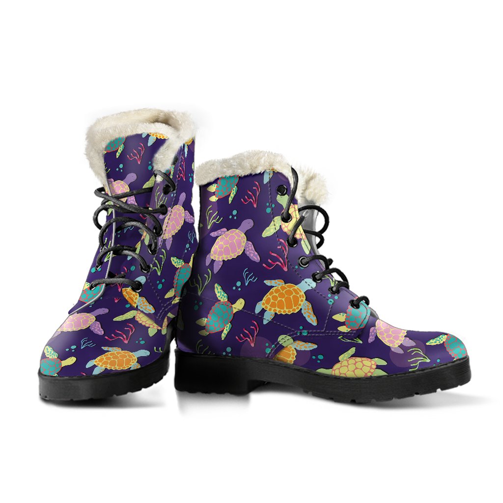Sea Turtle Color Smile Faux Fur Leather Boots-JTAMIGO.COM