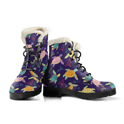 Sea Turtle Color Smile Faux Fur Leather Boots-JTAMIGO.COM