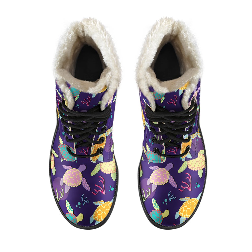 Sea Turtle Color Smile Faux Fur Leather Boots-JTAMIGO.COM