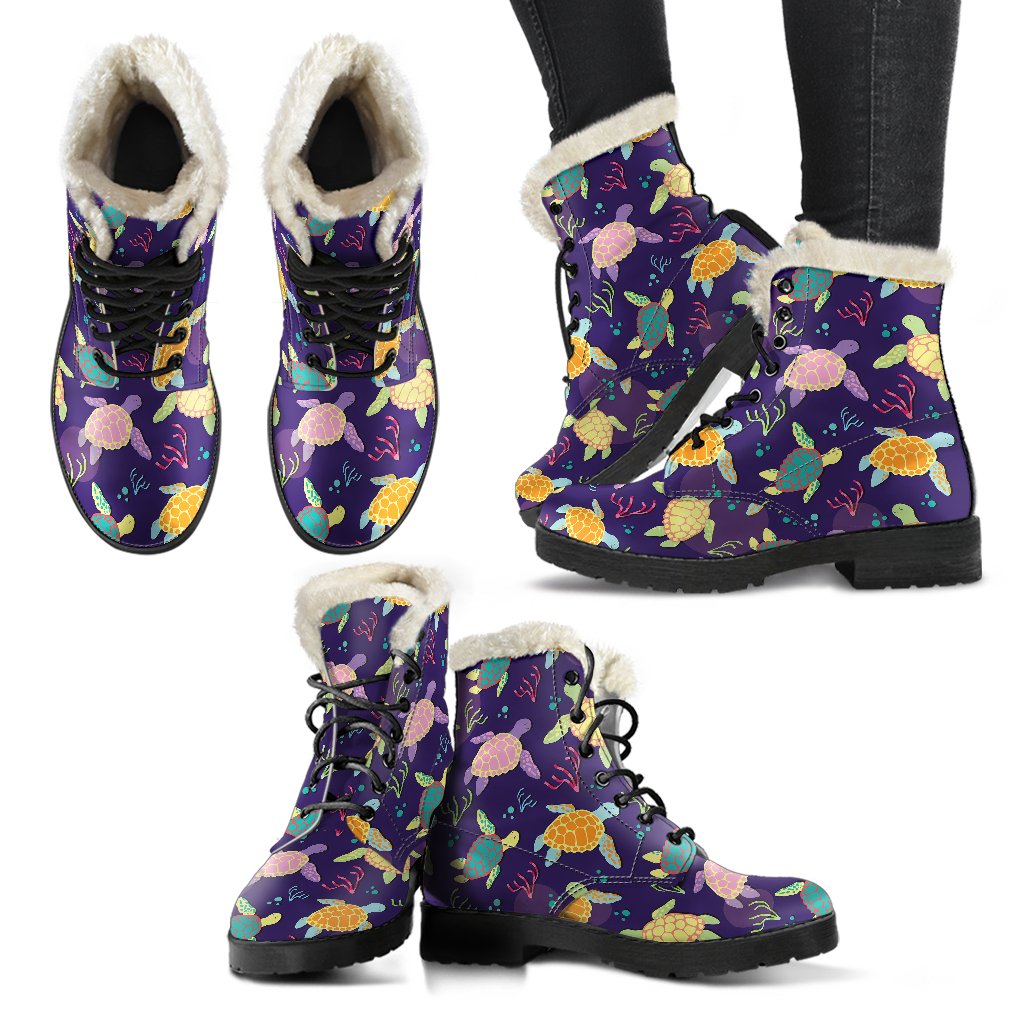 Sea Turtle Color Smile Faux Fur Leather Boots-JTAMIGO.COM