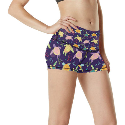 Sea Turtle Color Smile High Waisted Spandex Shorts-JTAMIGO.COM
