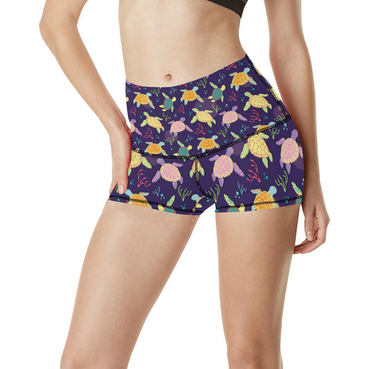 Sea Turtle Color Smile High Waisted Spandex Shorts-JTAMIGO.COM