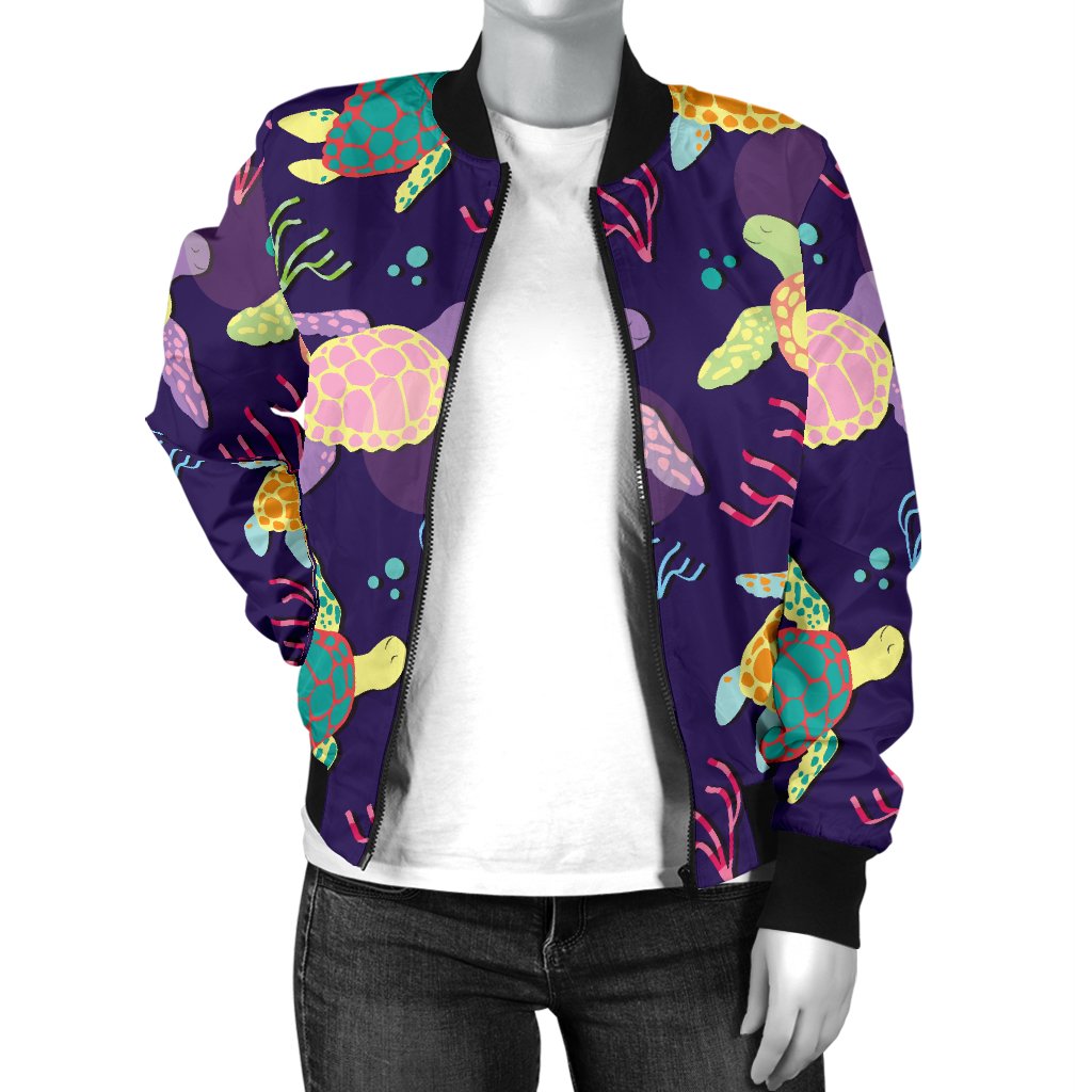 Sea Turtle Color Smile Women Casual Bomber Jacket