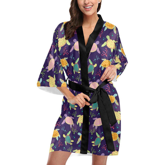 Sea Turtle Color Smile Women Short Kimono Robe
