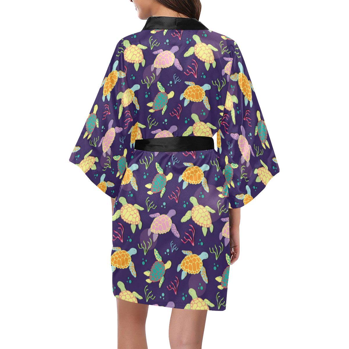 Sea Turtle Color Smile Women Short Kimono Robe