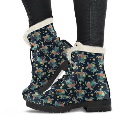 Sea Turtle Colorful with bubble Print Faux Fur Leather Boots-JTAMIGO.COM