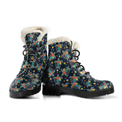 Sea Turtle Colorful with bubble Print Faux Fur Leather Boots-JTAMIGO.COM