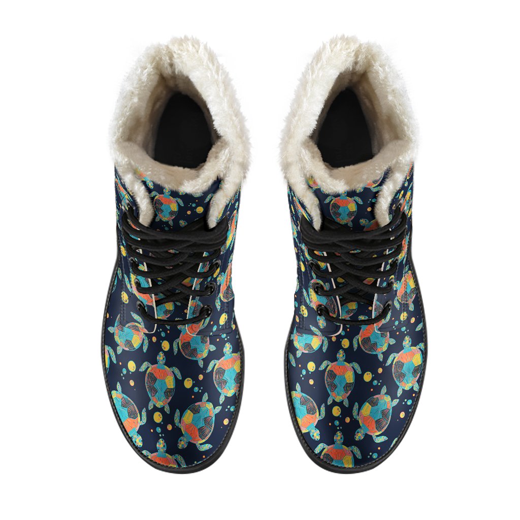 Sea Turtle Colorful with bubble Print Faux Fur Leather Boots-JTAMIGO.COM