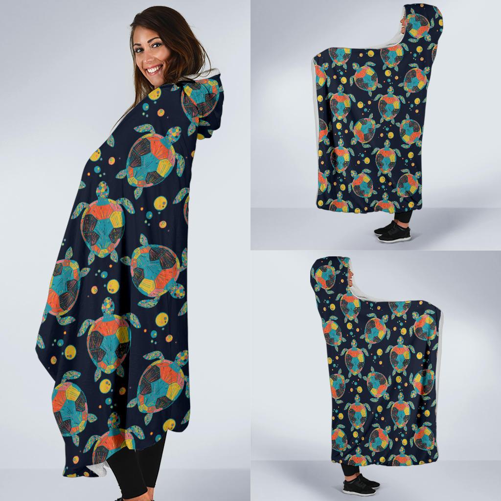 Sea Turtle Colorful with bubble Print Hooded Blanket-JTAMIGO.COM