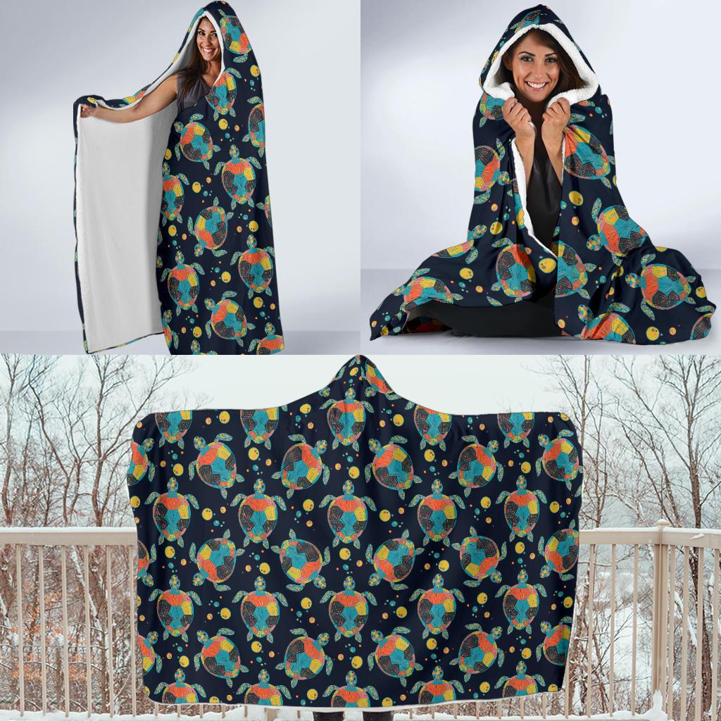 Sea Turtle Colorful with bubble Print Hooded Blanket-JTAMIGO.COM