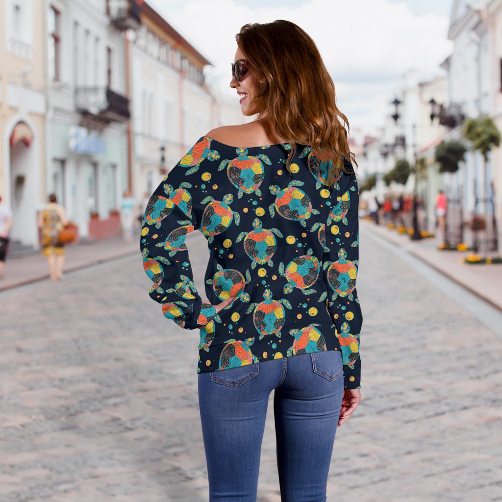 Sea Turtle Colorful With Bubble Print Off Shoulder Sweatshirt