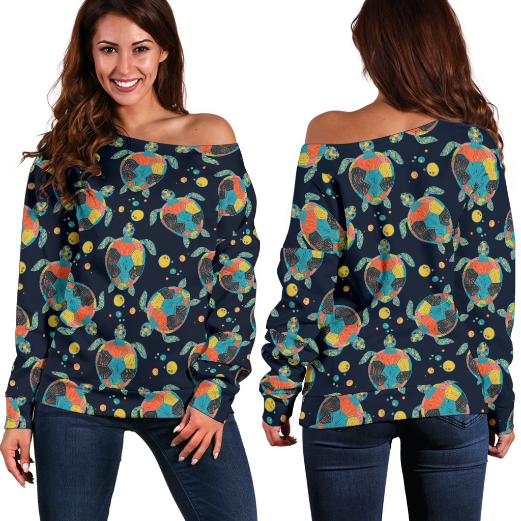 Sea Turtle Colorful With Bubble Print Off Shoulder Sweatshirt