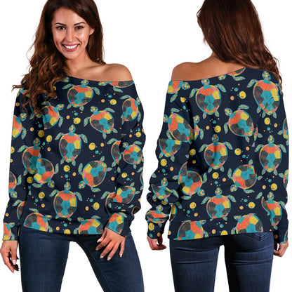 Sea Turtle Colorful With Bubble Print Off Shoulder Sweatshirt