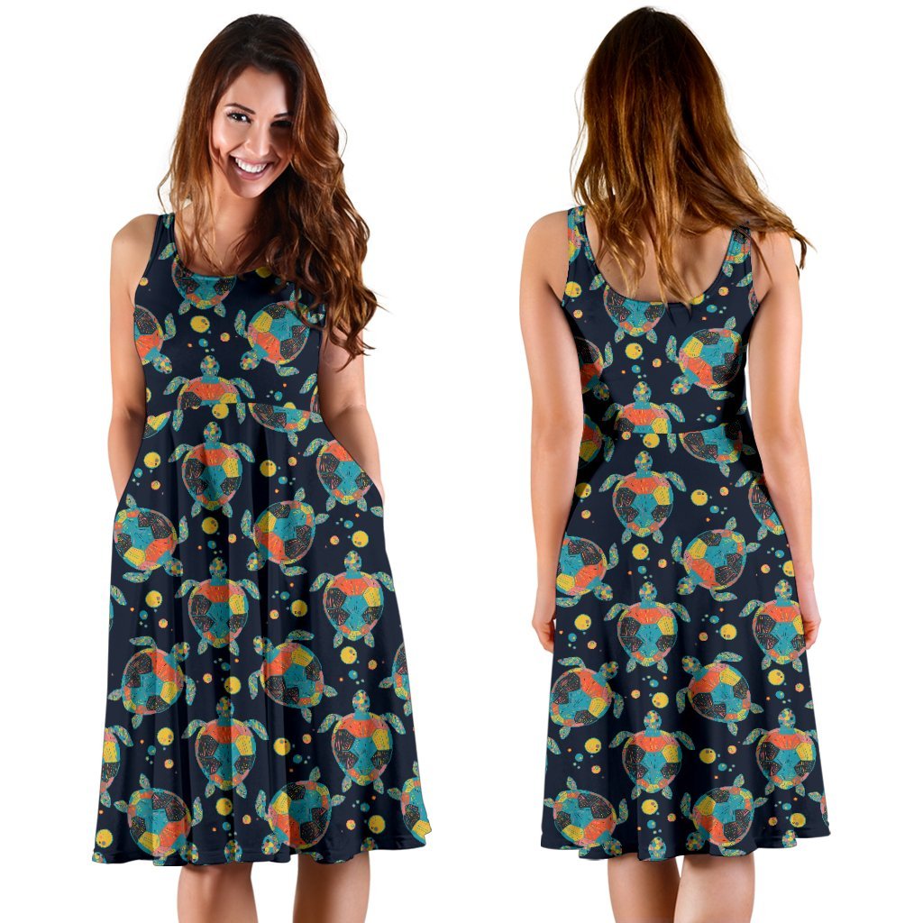 Sea Turtle Colorful With Bubble Print Sleeveless Dress