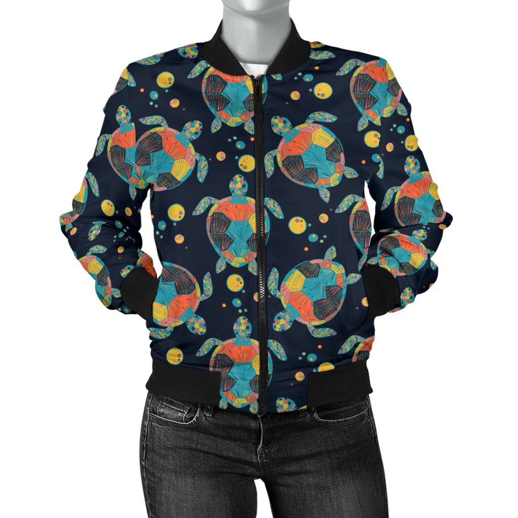 Sea Turtle Colorful With Bubble Print Women Casual Bomber Jacket