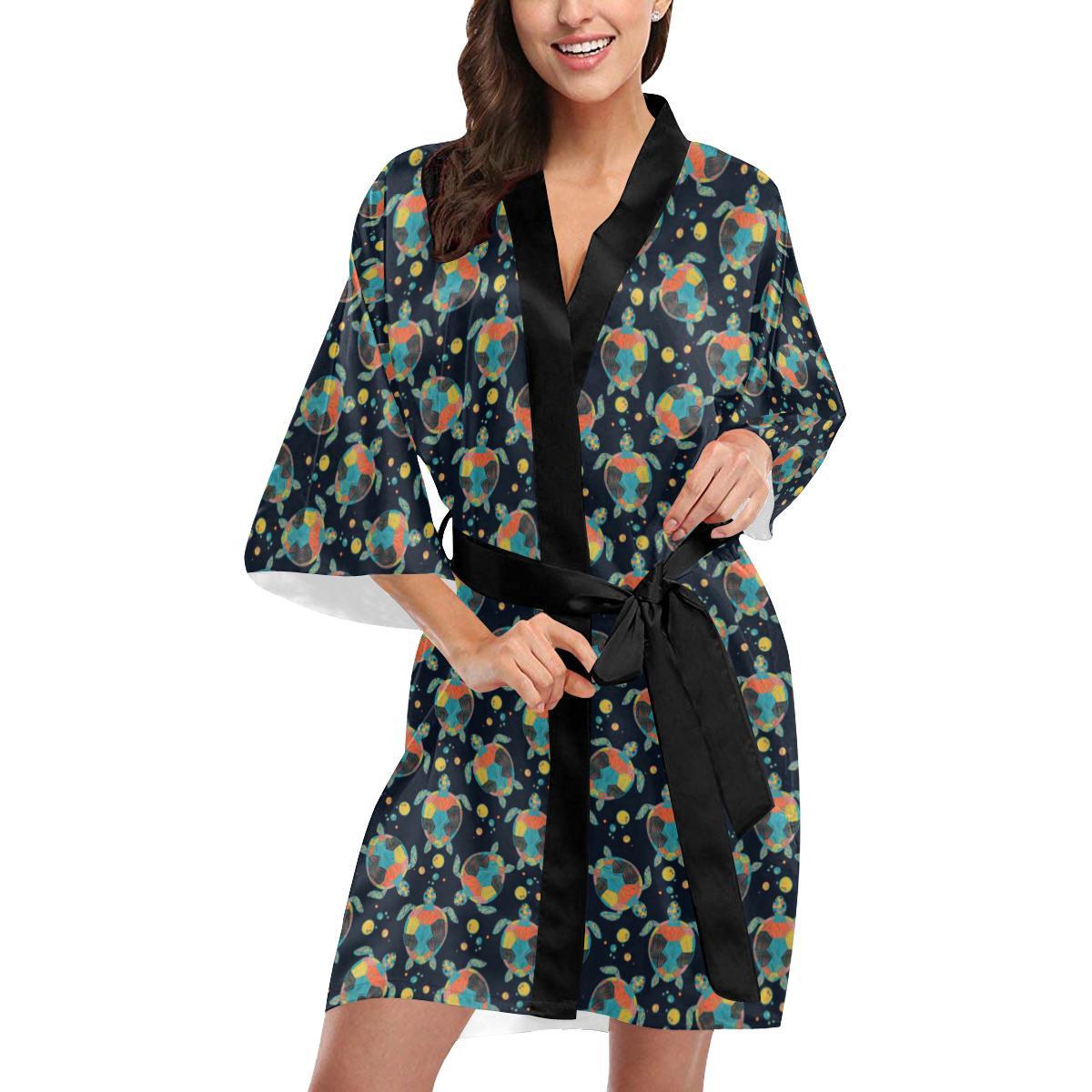 Sea Turtle Colorful with bubble Print Women Short Kimono Robe