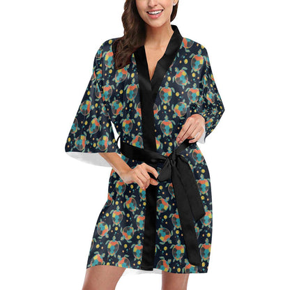 Sea Turtle Colorful with bubble Print Women Short Kimono Robe