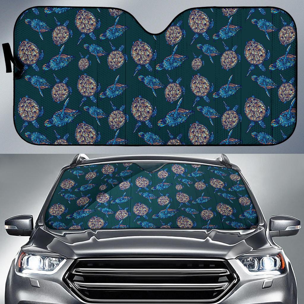 Sea Turtle Hand Drawn Blue Print Car Sun Shade For Windshield