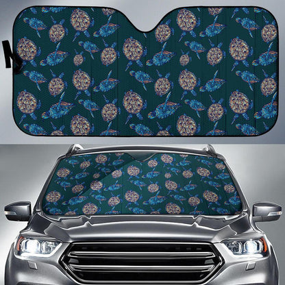 Sea Turtle Hand Drawn Blue Print Car Sun Shade For Windshield