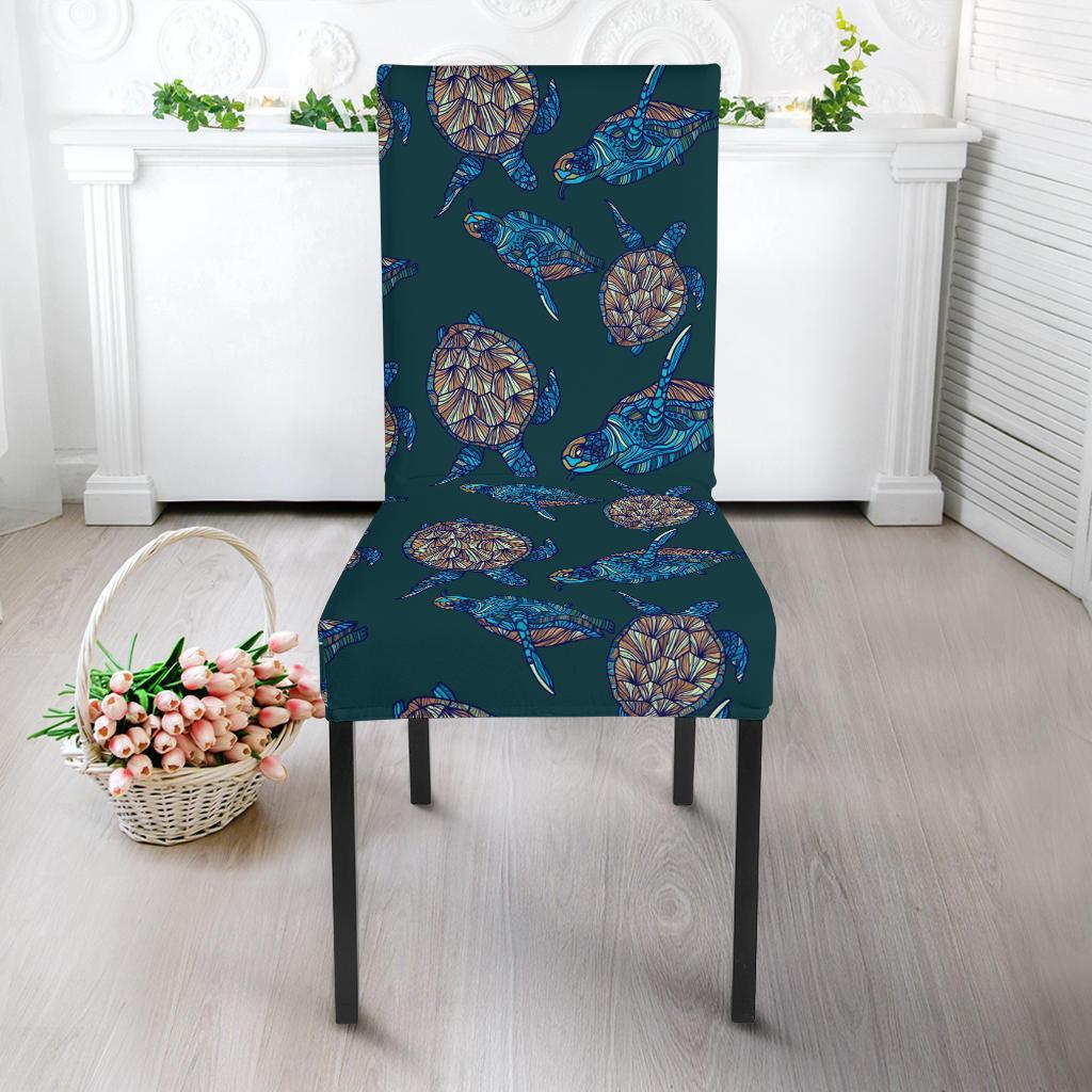 Sea Turtle Hand Drawn Blue Print Dining Chair Slipcover-JTAMIGO.COM