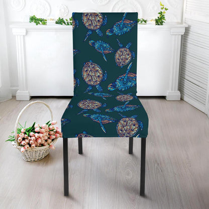 Sea Turtle Hand Drawn Blue Print Dining Chair Slipcover-JTAMIGO.COM
