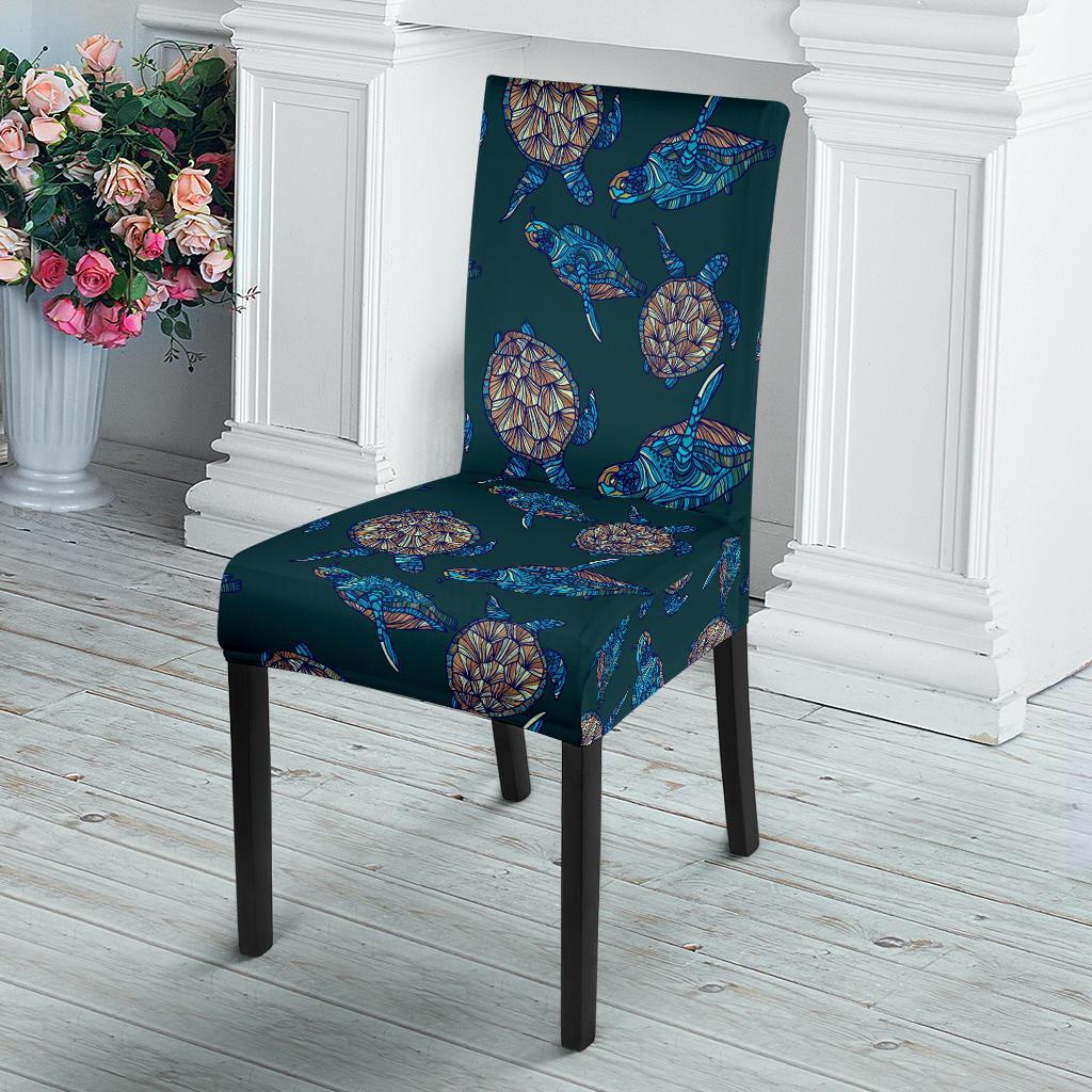 Sea Turtle Hand Drawn Blue Print Dining Chair Slipcover-JTAMIGO.COM