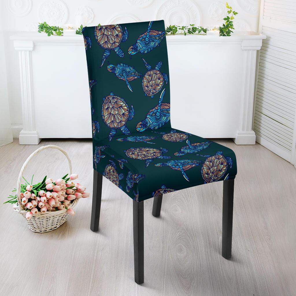 Sea Turtle Hand Drawn Blue Print Dining Chair Slipcover-JTAMIGO.COM