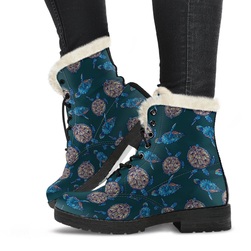 Sea Turtle Hand Drawn Blue Print Faux Fur Leather Boots-JTAMIGO.COM